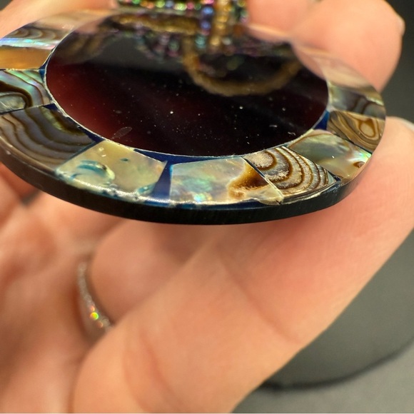 Multicolor Iridescent Seed Beaded Necklace with Large Abalone Shell Pendant - Picture 14 of 17